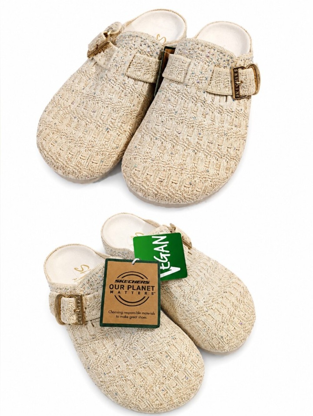 SKECHERS ARCH FIT Cream Sparkle Slip-On Clogs Mules with Gold Buckle SIZE 5 NWT